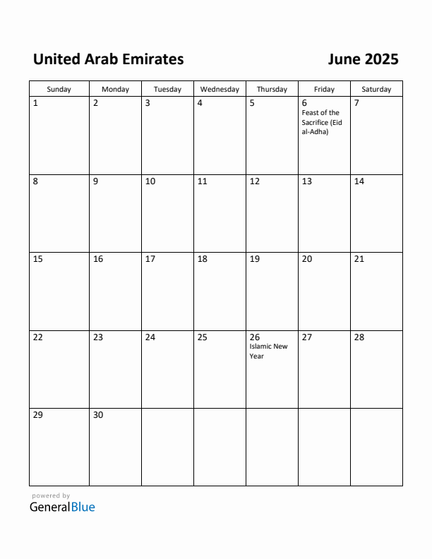 June 2025 Calendar with United Arab Emirates Holidays