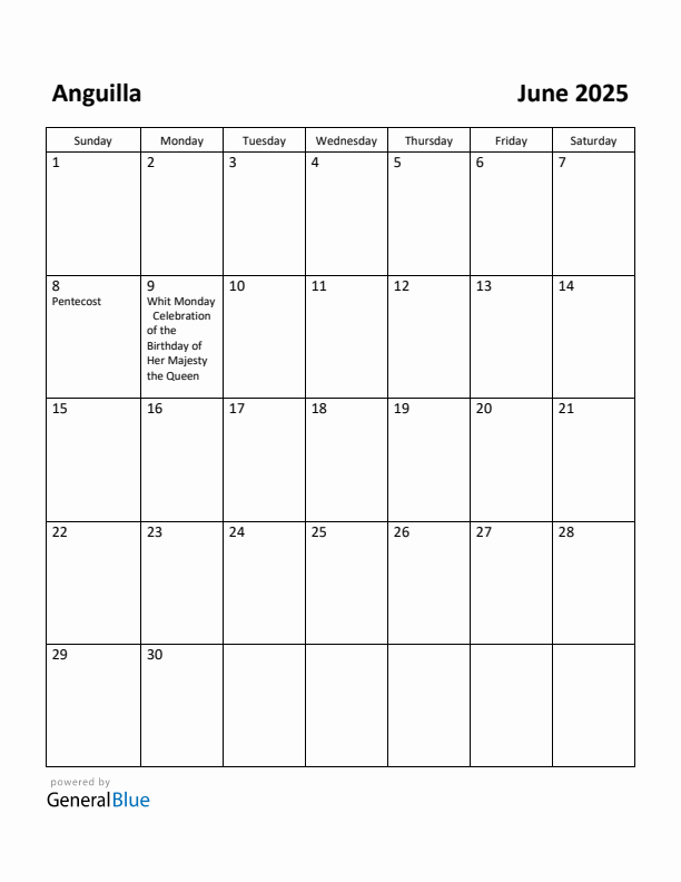 June 2025 Calendar with Anguilla Holidays