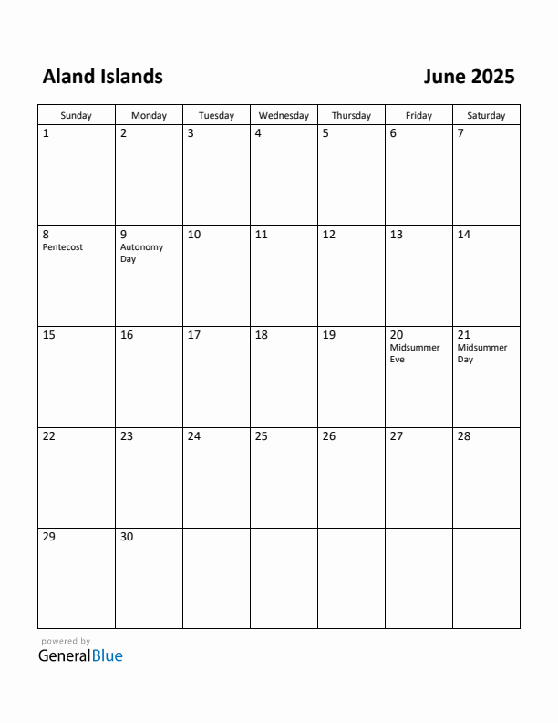 June 2025 Calendar with Aland Islands Holidays