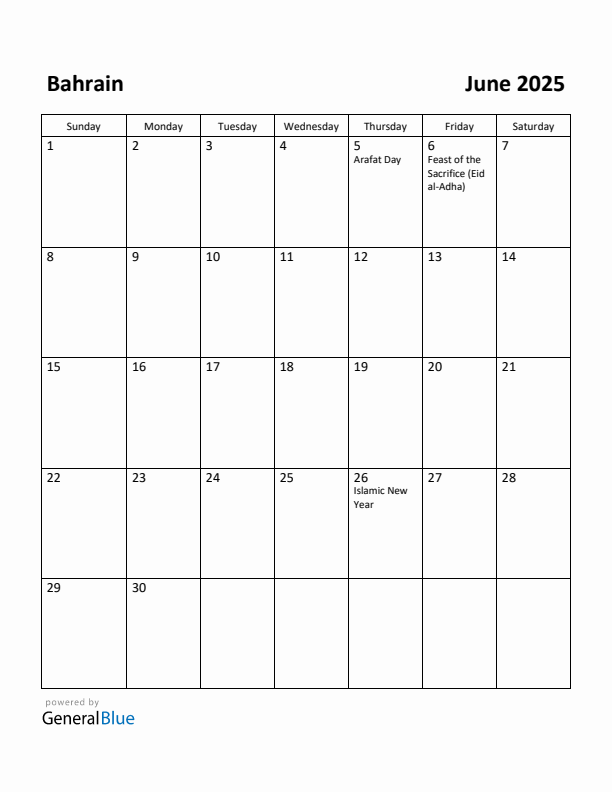 June 2025 Calendar with Bahrain Holidays