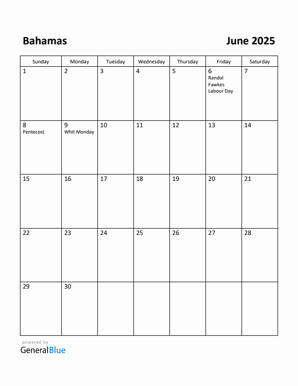 June 2025 Calendar with Bahamas Holidays