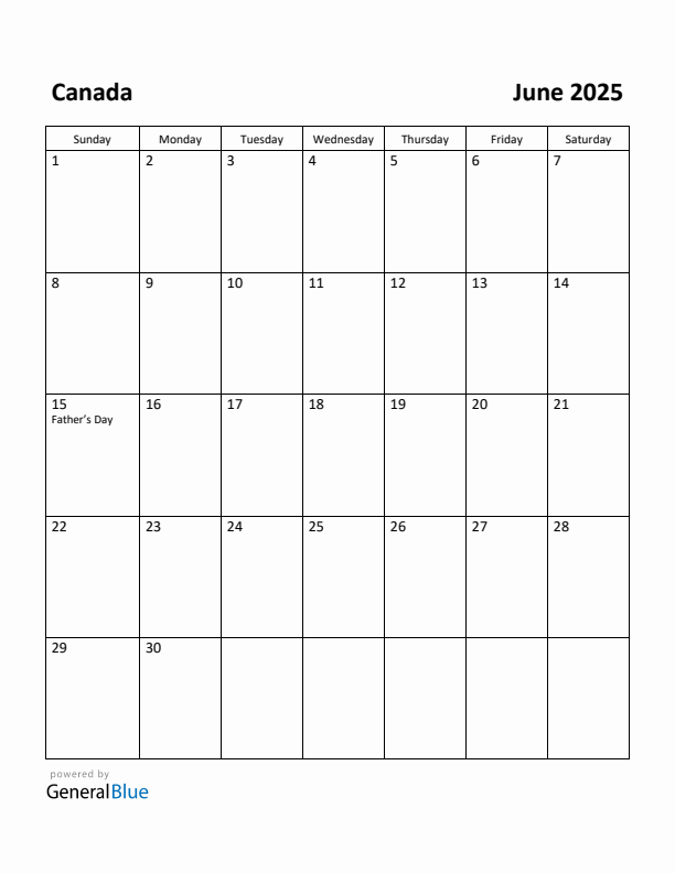 June 2025 Calendar with Canada Holidays