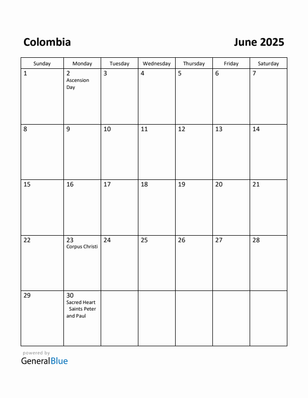 June 2025 Calendar with Colombia Holidays