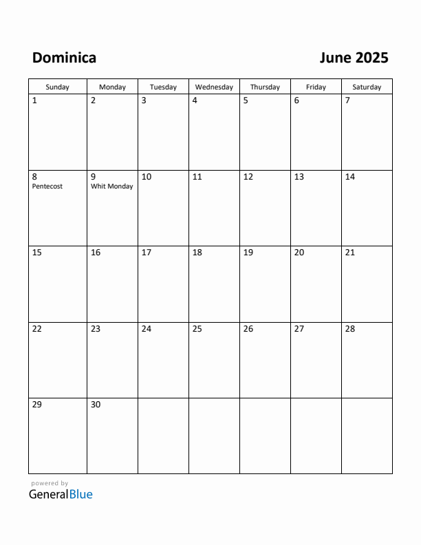 June 2025 Calendar with Dominica Holidays