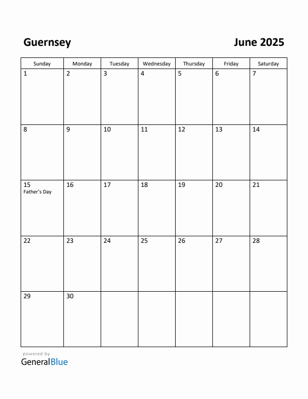 June 2025 Calendar with Guernsey Holidays