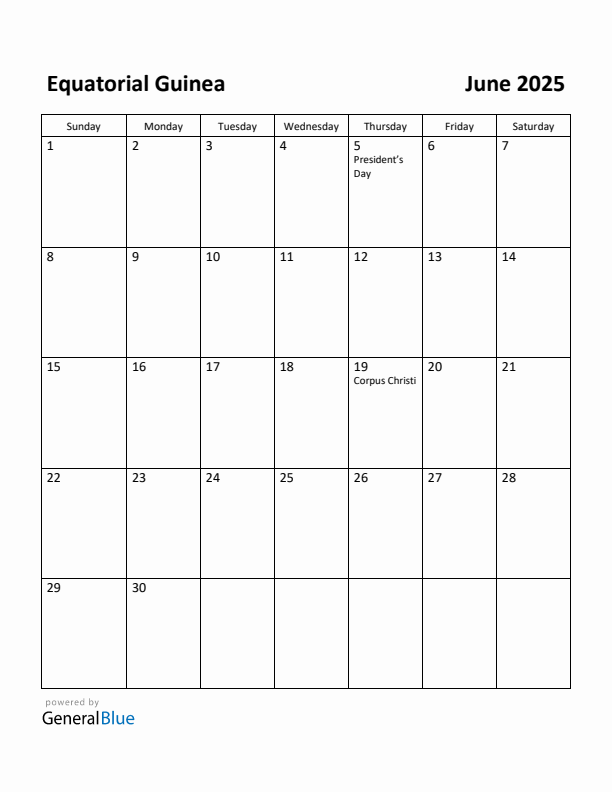 June 2025 Calendar with Equatorial Guinea Holidays