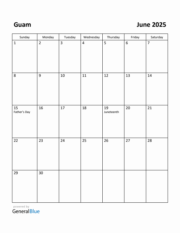 June 2025 Calendar with Guam Holidays