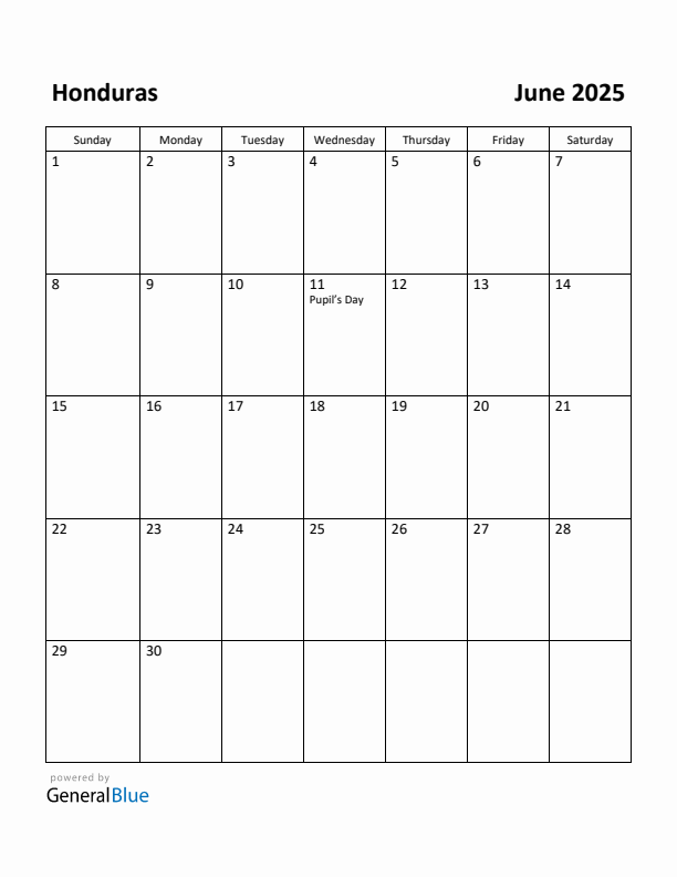 June 2025 Calendar with Honduras Holidays