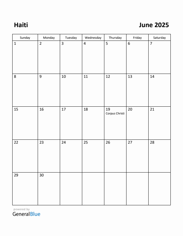 June 2025 Calendar with Haiti Holidays