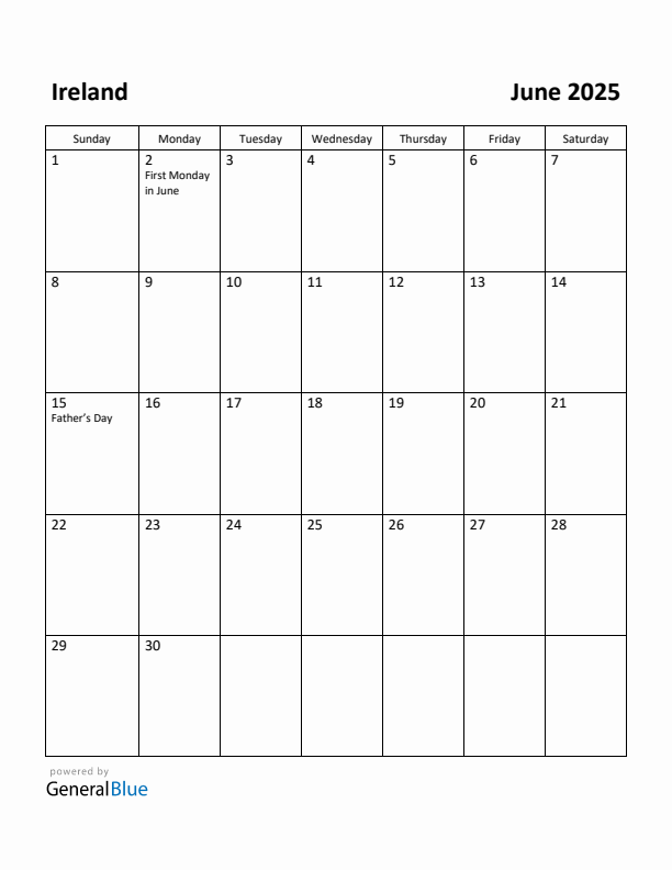 June 2025 Calendar with Ireland Holidays