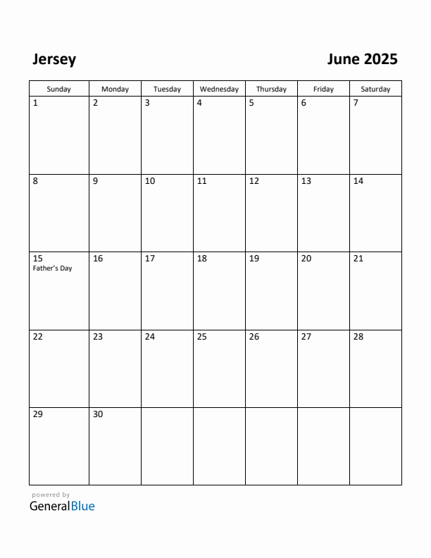 June 2025 Calendar with Jersey Holidays