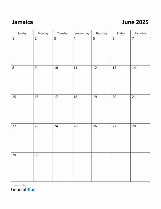 June 2025 Calendar with Jamaica Holidays