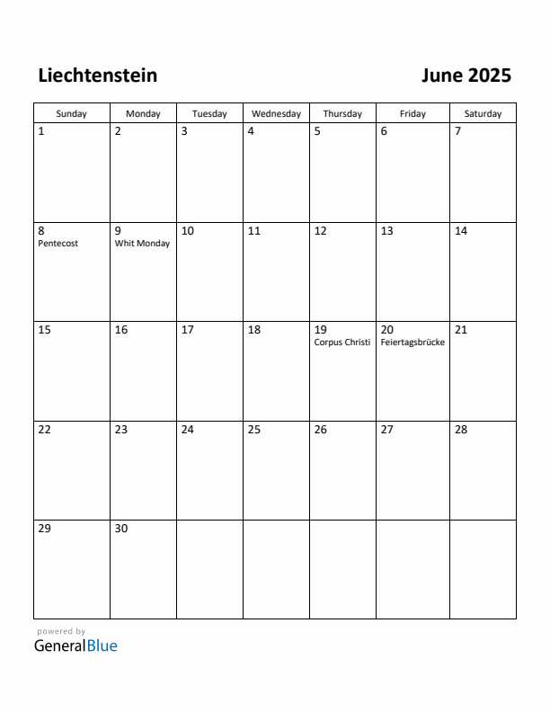 June 2025 Calendar with Liechtenstein Holidays