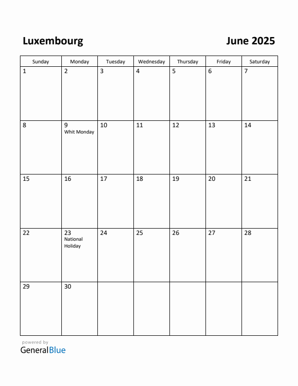 June 2025 Calendar with Luxembourg Holidays