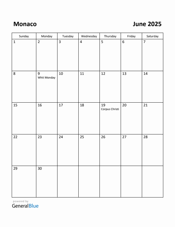 June 2025 Calendar with Monaco Holidays