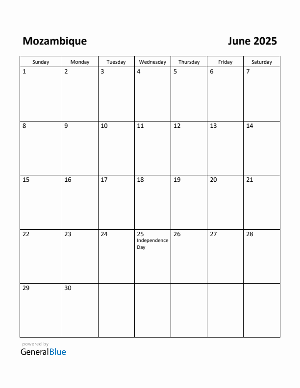 June 2025 Calendar with Mozambique Holidays