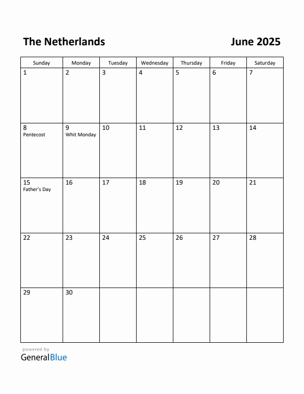 June 2025 Calendar with The Netherlands Holidays