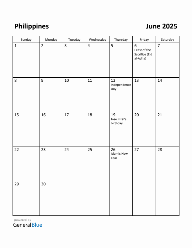 June 2025 Calendar with Philippines Holidays