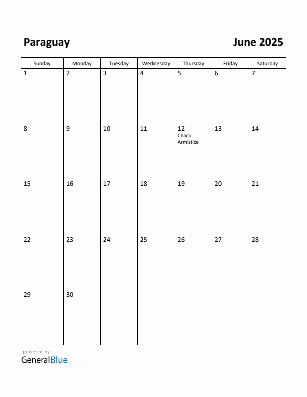 June 2025 Calendar with Paraguay Holidays