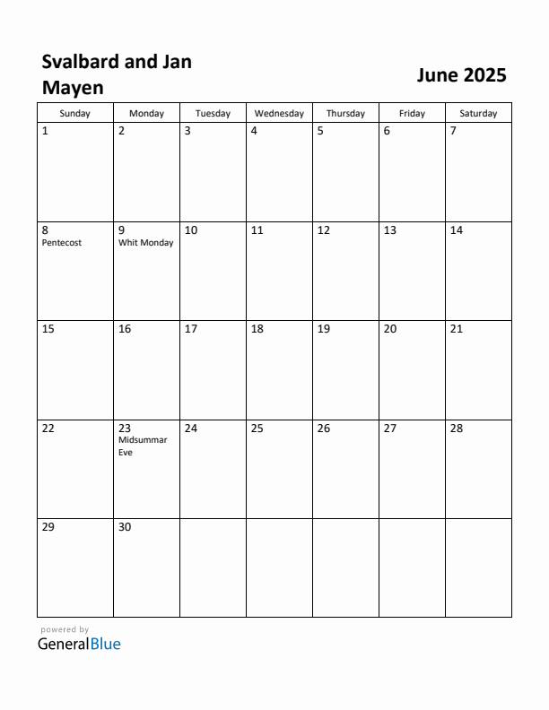 June 2025 Calendar with Svalbard and Jan Mayen Holidays