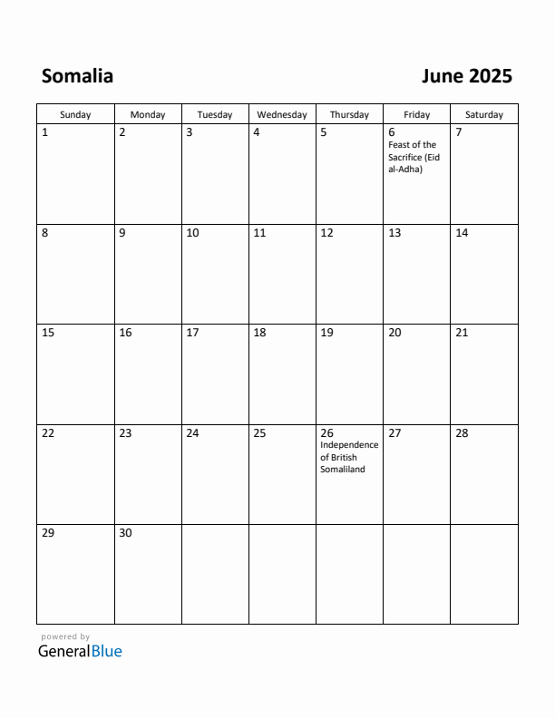 June 2025 Calendar with Somalia Holidays