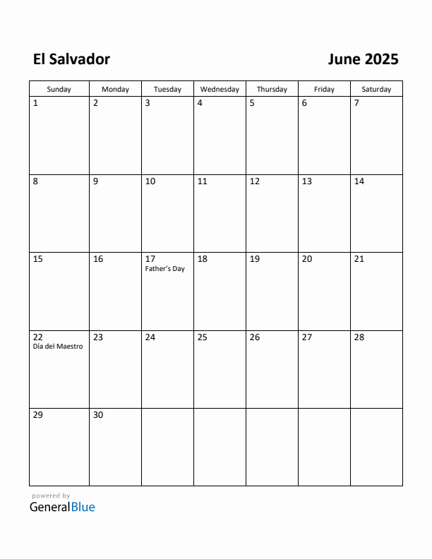 June 2025 Calendar with El Salvador Holidays