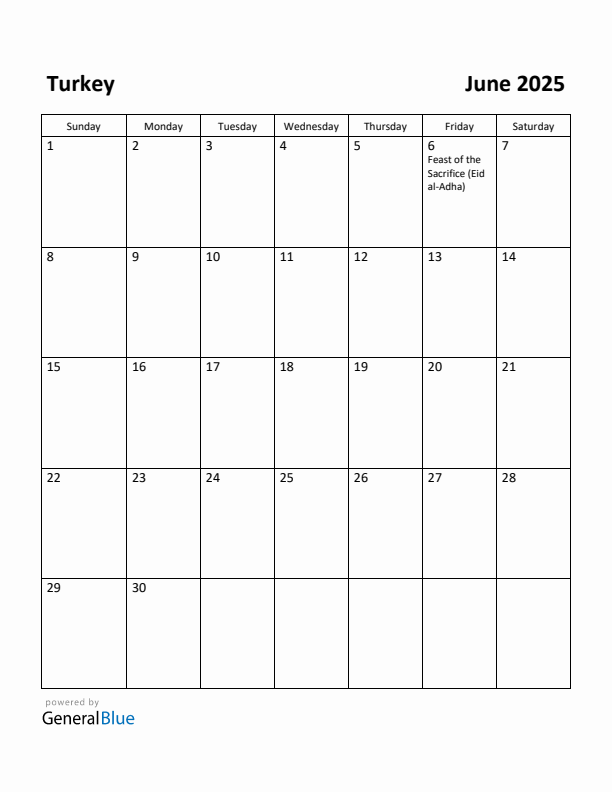 June 2025 Calendar with Turkey Holidays