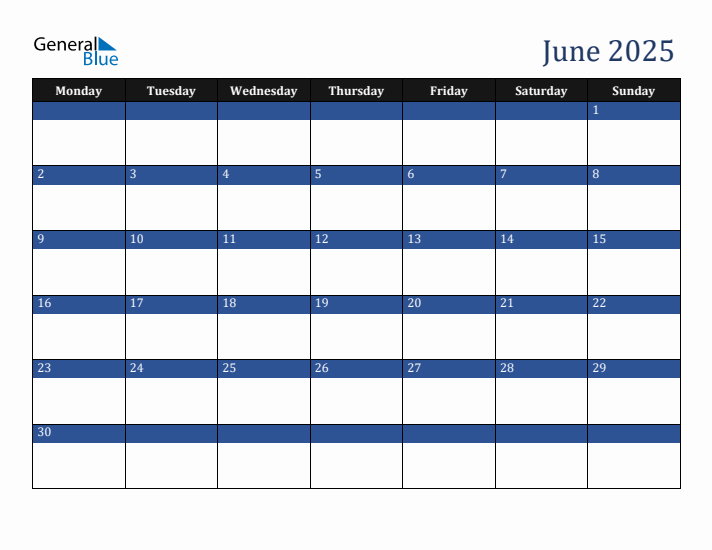 Monday Start Calendar for June 2025