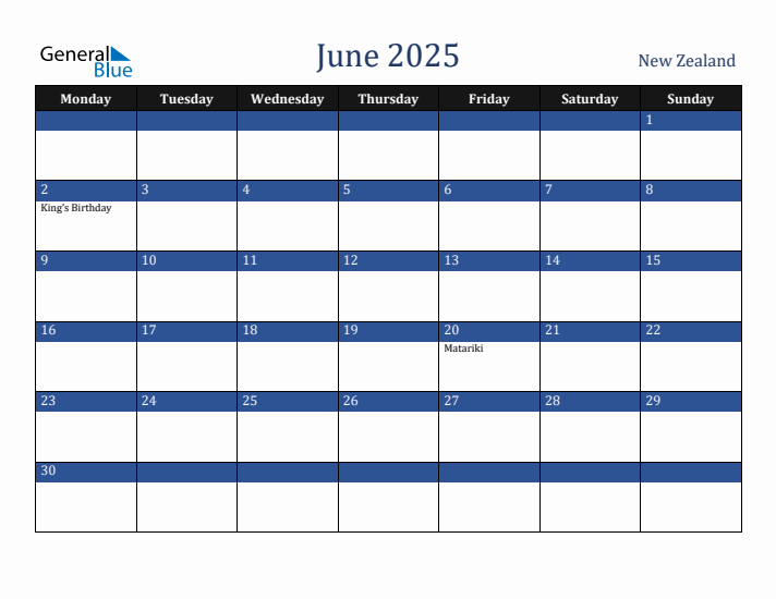 June 2025 New Zealand Calendar (Monday Start)