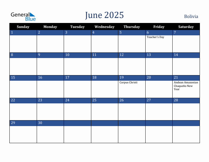 June 2025 Bolivia Calendar (Sunday Start)