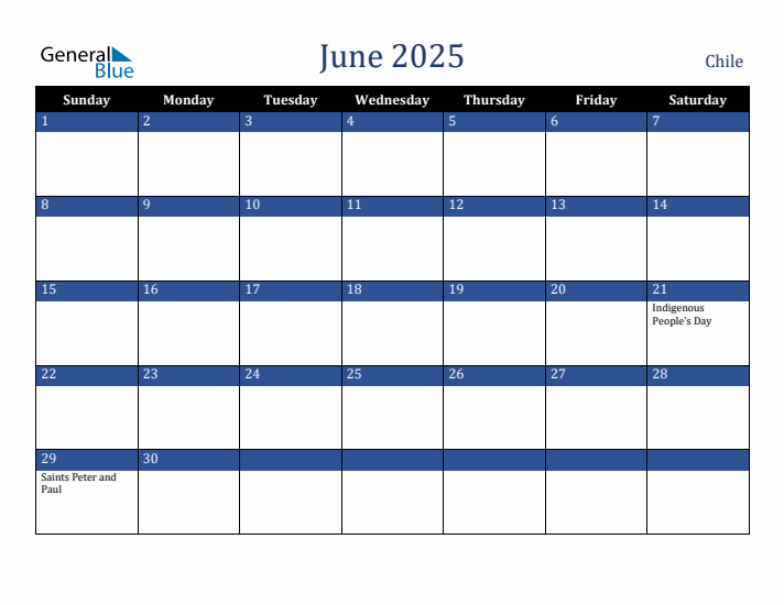 June 2025 Chile Calendar (Sunday Start)