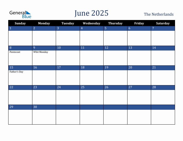 June 2025 The Netherlands Calendar (Sunday Start)