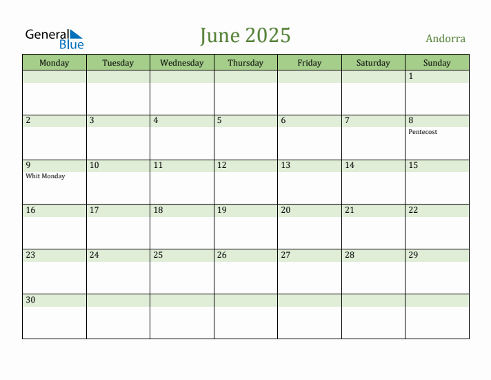 June 2025 Calendar with Andorra Holidays