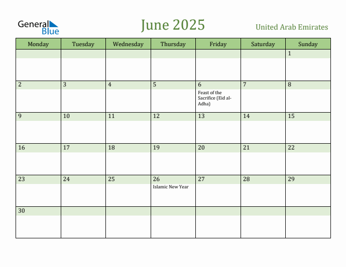 June 2025 Calendar with United Arab Emirates Holidays