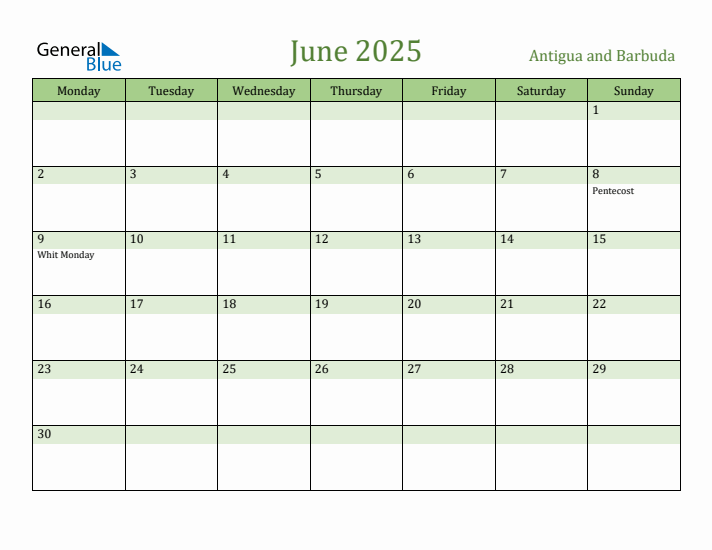 June 2025 Calendar with Antigua and Barbuda Holidays