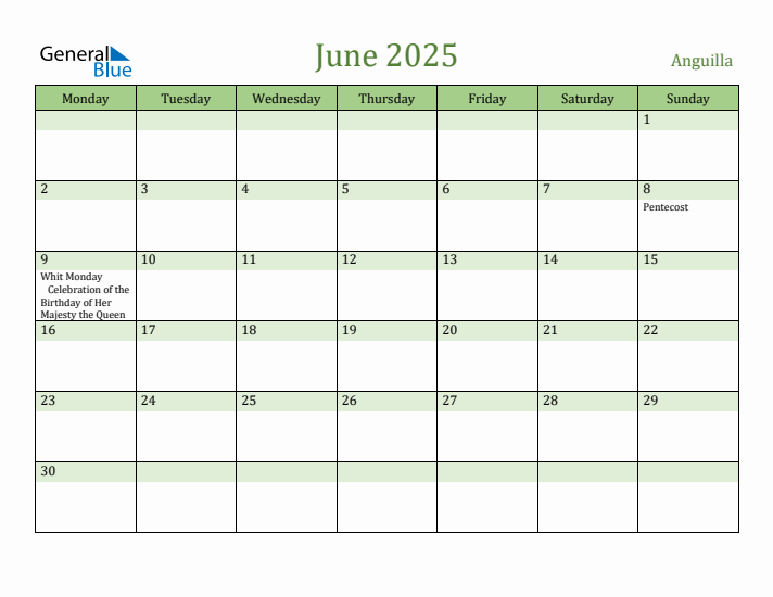 June 2025 Calendar with Anguilla Holidays