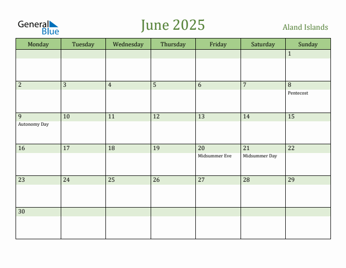 June 2025 Calendar with Aland Islands Holidays