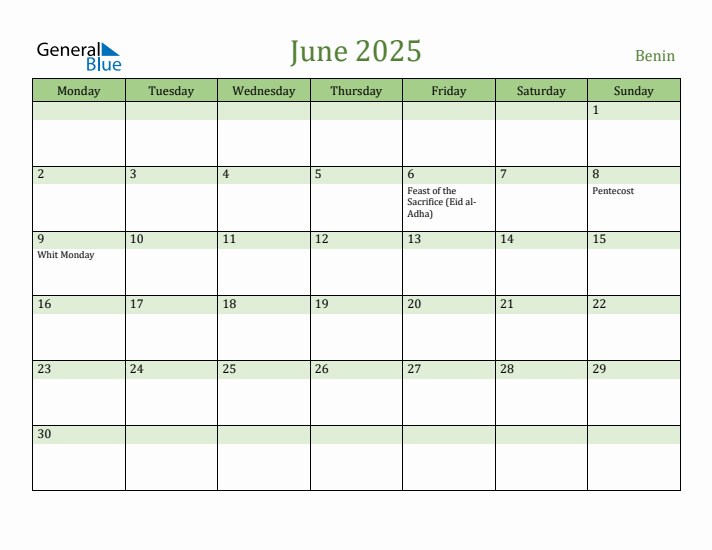 June 2025 Calendar with Benin Holidays