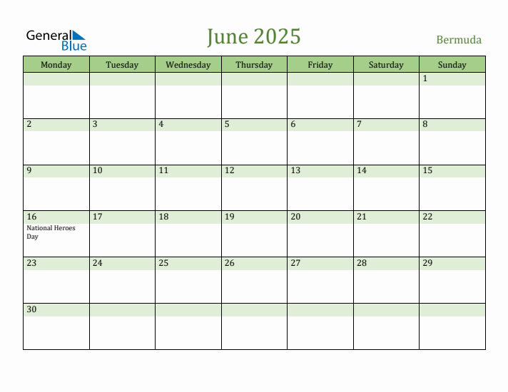 June 2025 Calendar with Bermuda Holidays