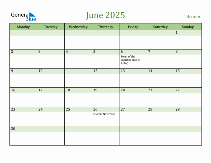 June 2025 Calendar with Brunei Holidays