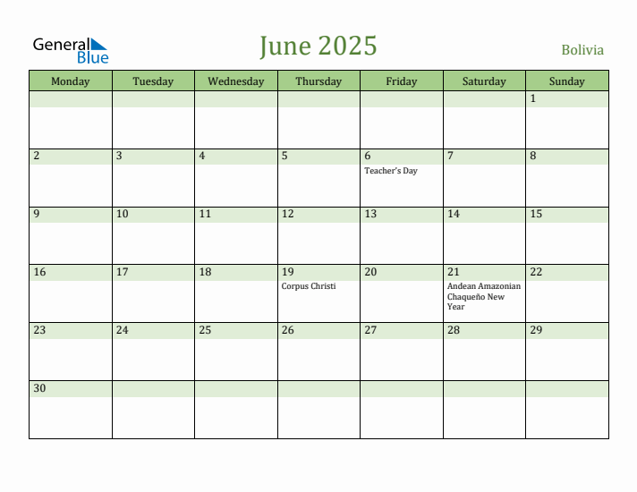 June 2025 Calendar with Bolivia Holidays