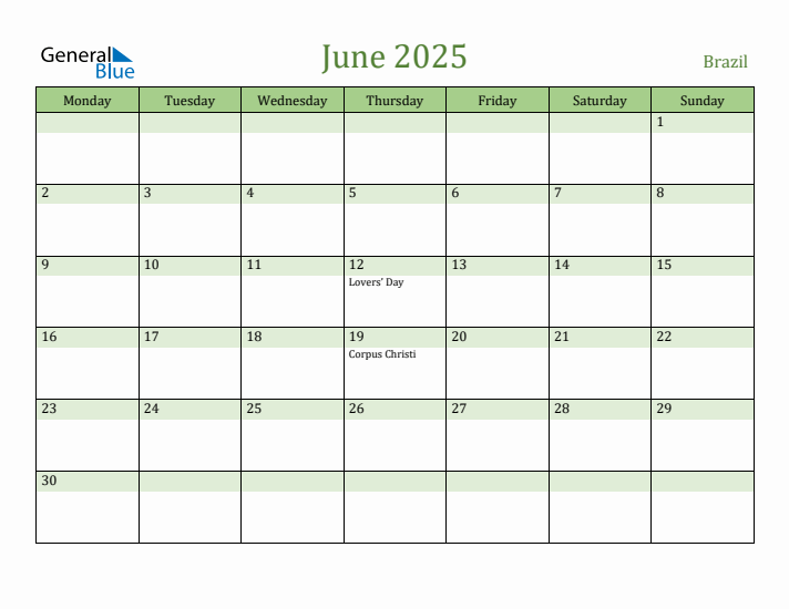 June 2025 Calendar with Brazil Holidays