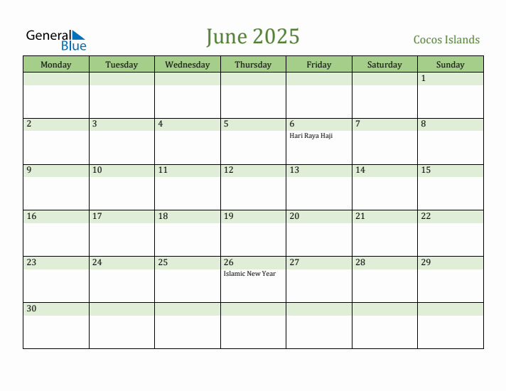 June 2025 Calendar with Cocos Islands Holidays