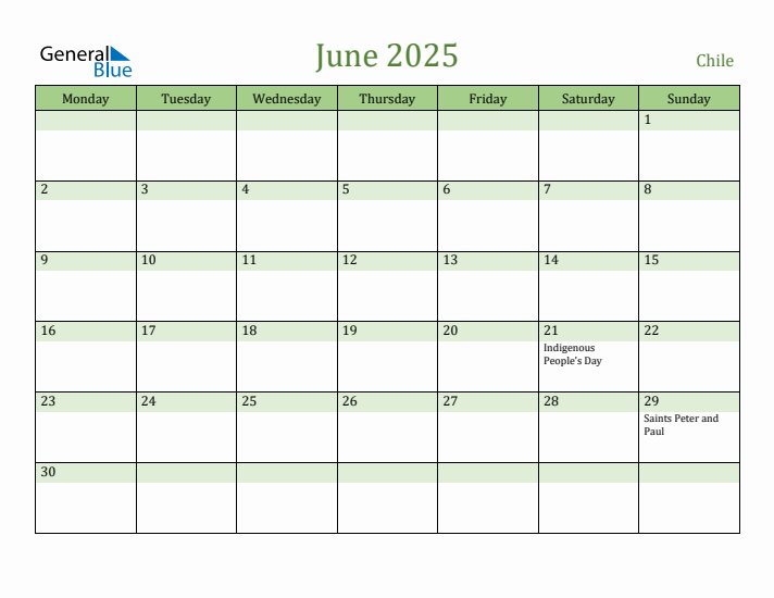 June 2025 Calendar with Chile Holidays