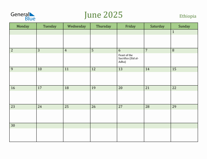 June 2025 Calendar with Ethiopia Holidays