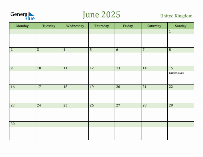 June 2025 Calendar with United Kingdom Holidays