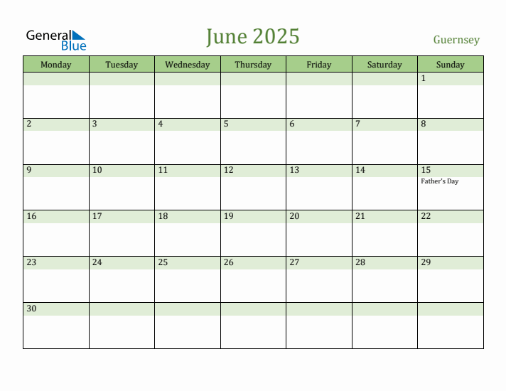 June 2025 Calendar with Guernsey Holidays