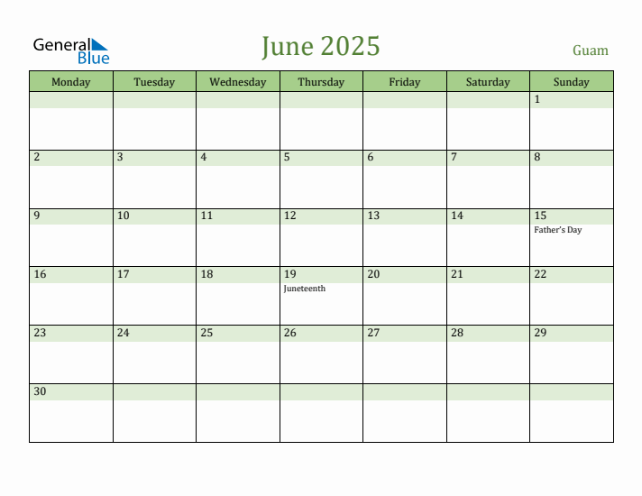 June 2025 Calendar with Guam Holidays