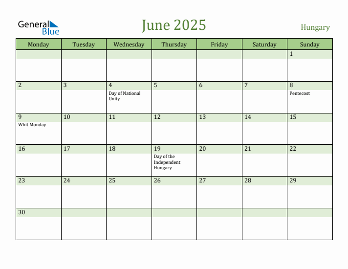 June 2025 Calendar with Hungary Holidays