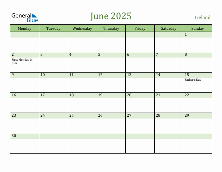 June 2025 Calendar with Ireland Holidays